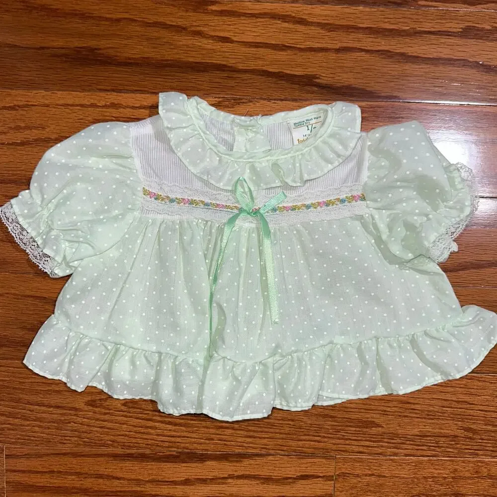 Vintage Toddle Time JcPenney Light Jade Green Dot Ruffle Prairie Baby Dress 6-9M